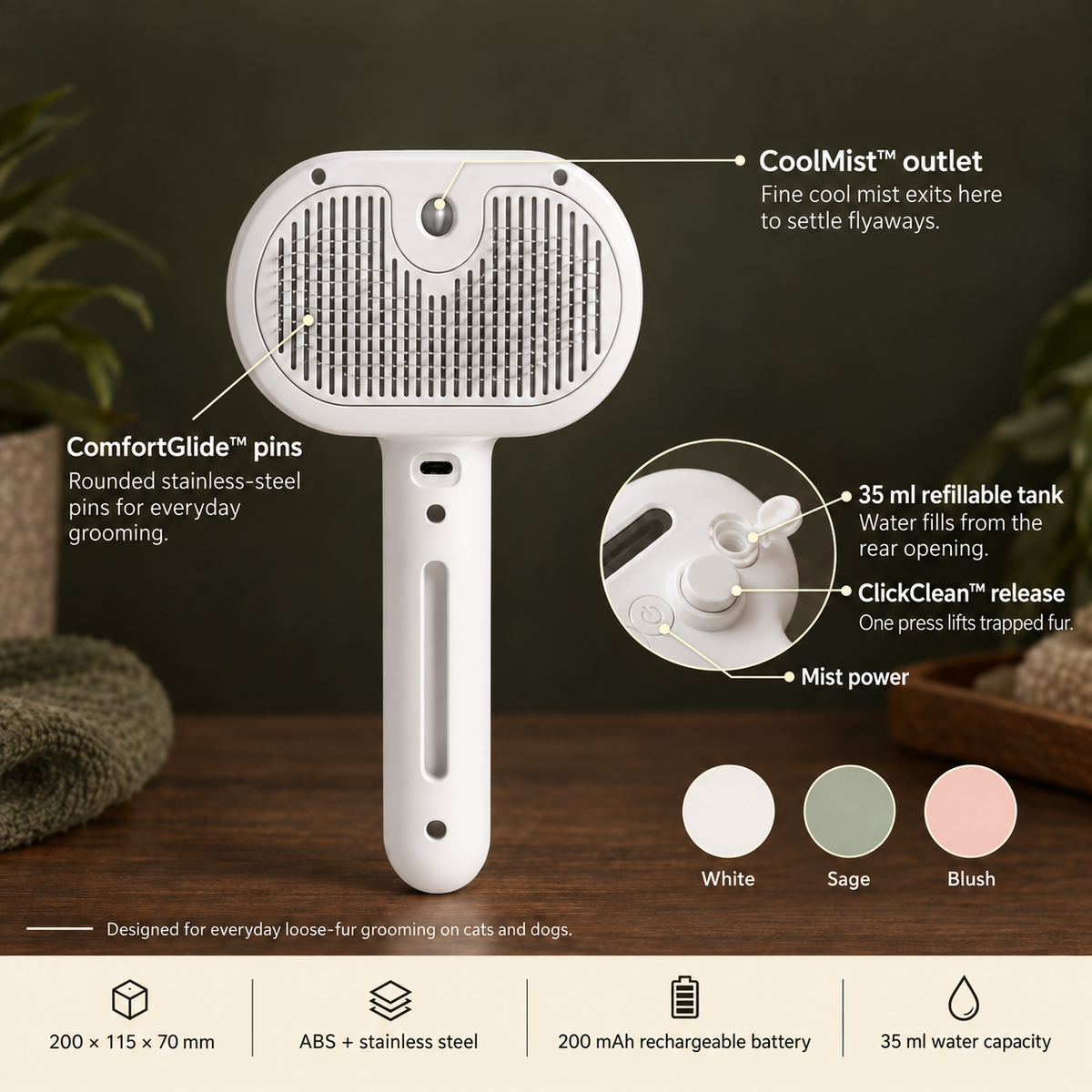 How FurGlide works: mist, groom, and one-press clean