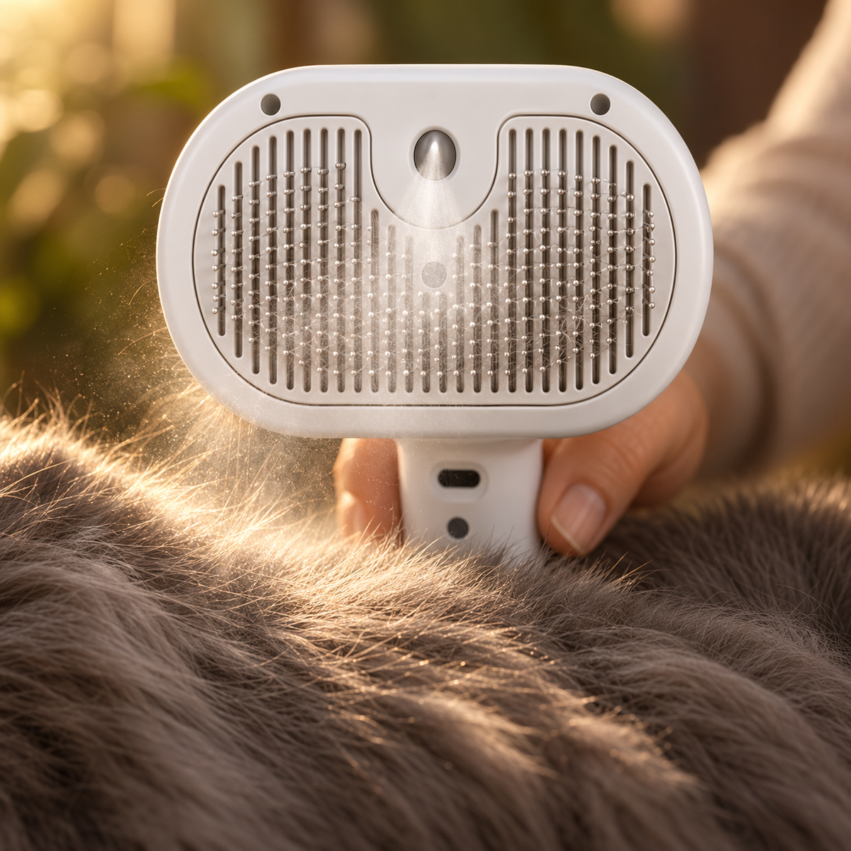 Close-up of FurGlide's cool mist control settling static and flyaway hair