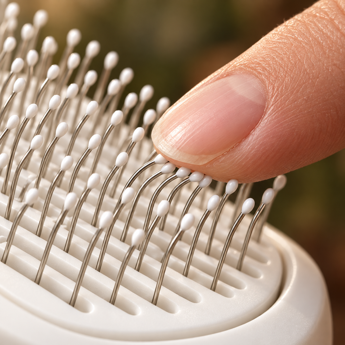 Close-up of FurGlide's flexible pins gliding comfortably through the coat