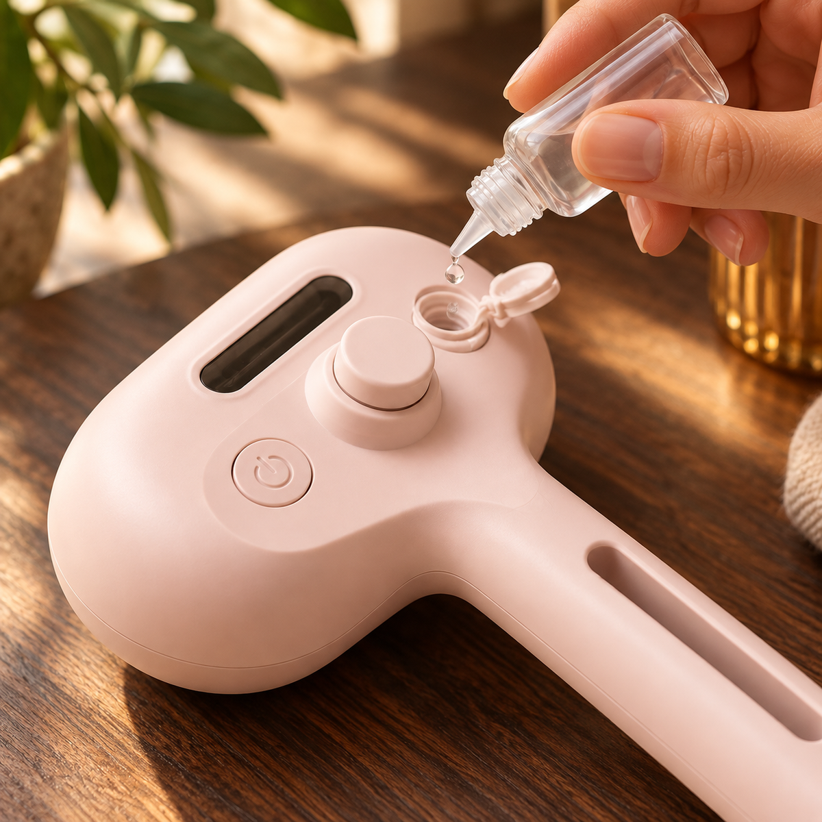 Close-up of FurGlide's refillable water tank and control buttons