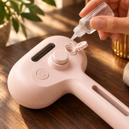 Close-up of FurGlide's refillable water tank and control buttons