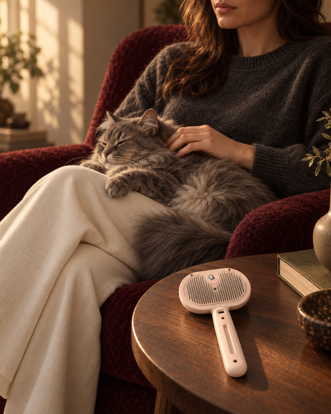 A cat groomed with FurGlide, blush variant, lifestyle shot