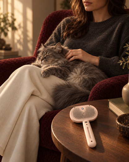 A cat groomed with FurGlide, blush variant, lifestyle shot